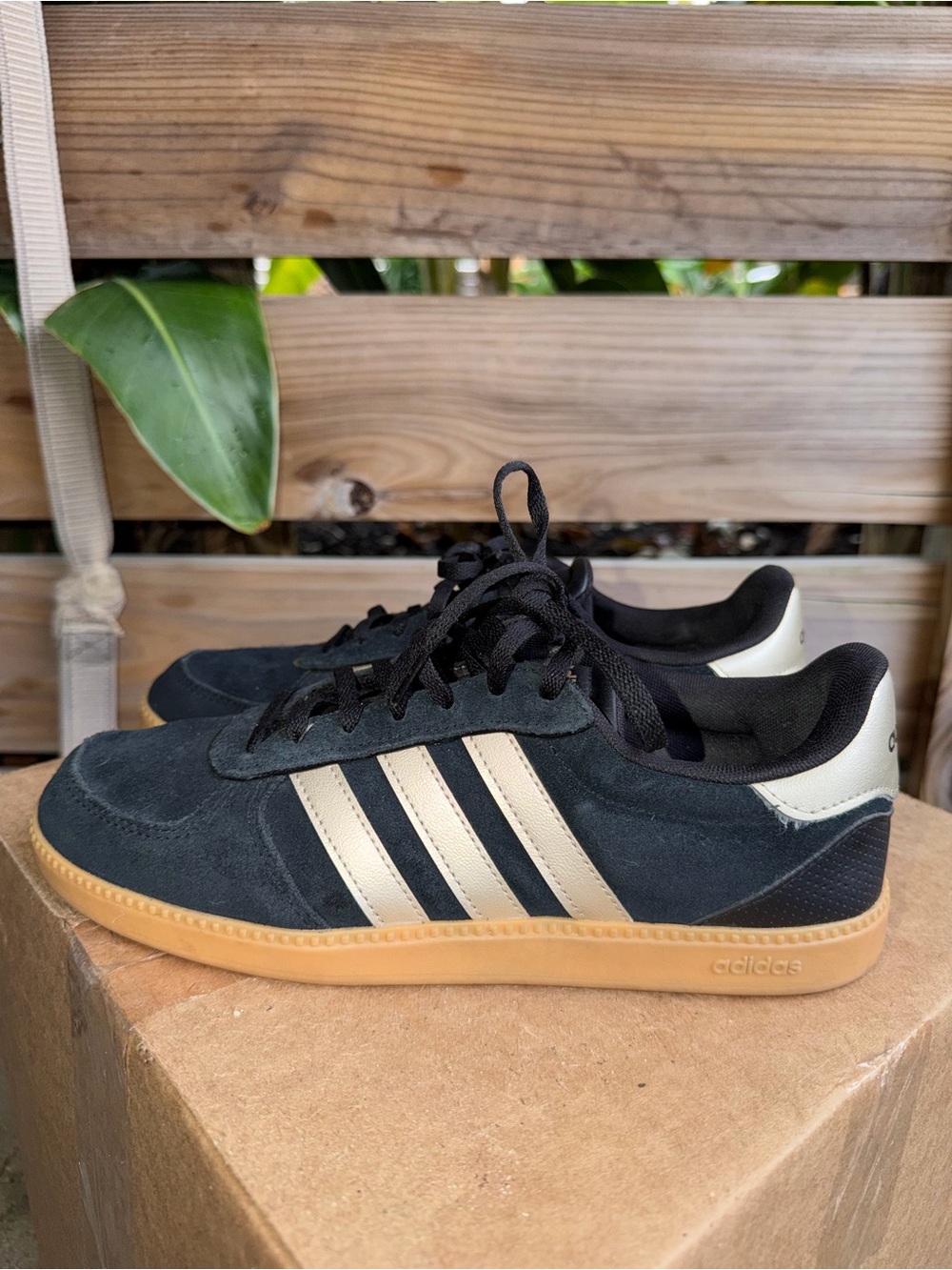 adidas Men’s Black Suede Sneakers with Cream Stripes and Gum Sole
